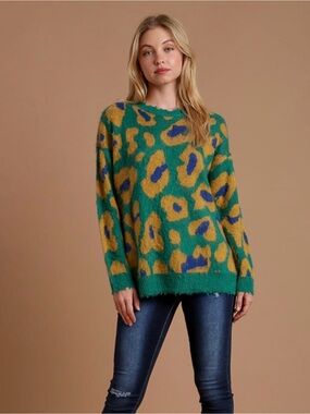 Umgee Green Leopard-Print Crewneck Sweater with Yellow and Blue Spots